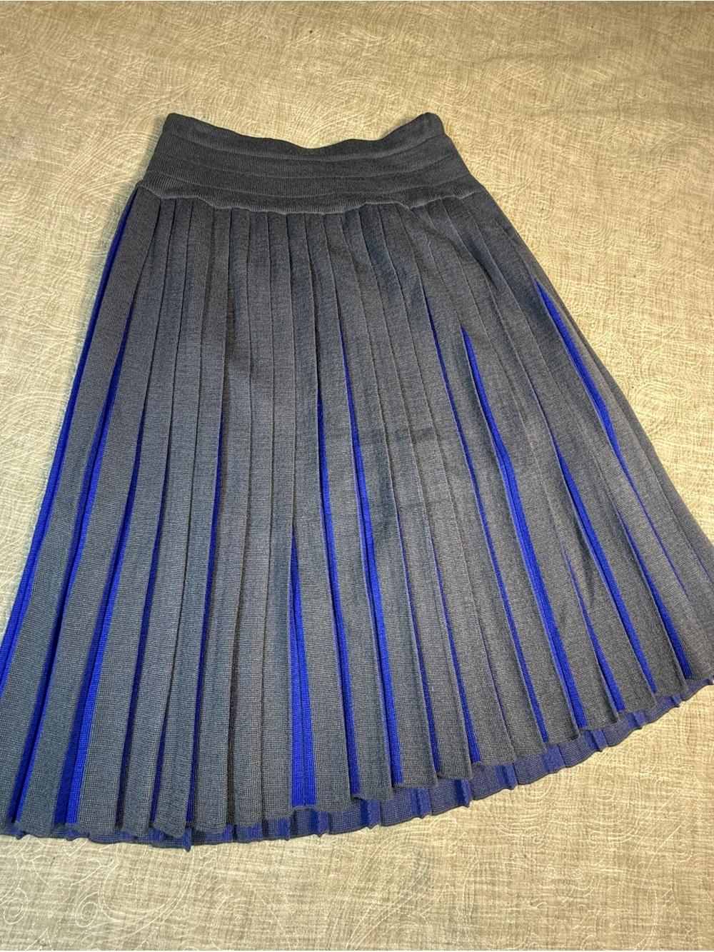 Pleated Navy and Royal Blue Midi Skirt Wool